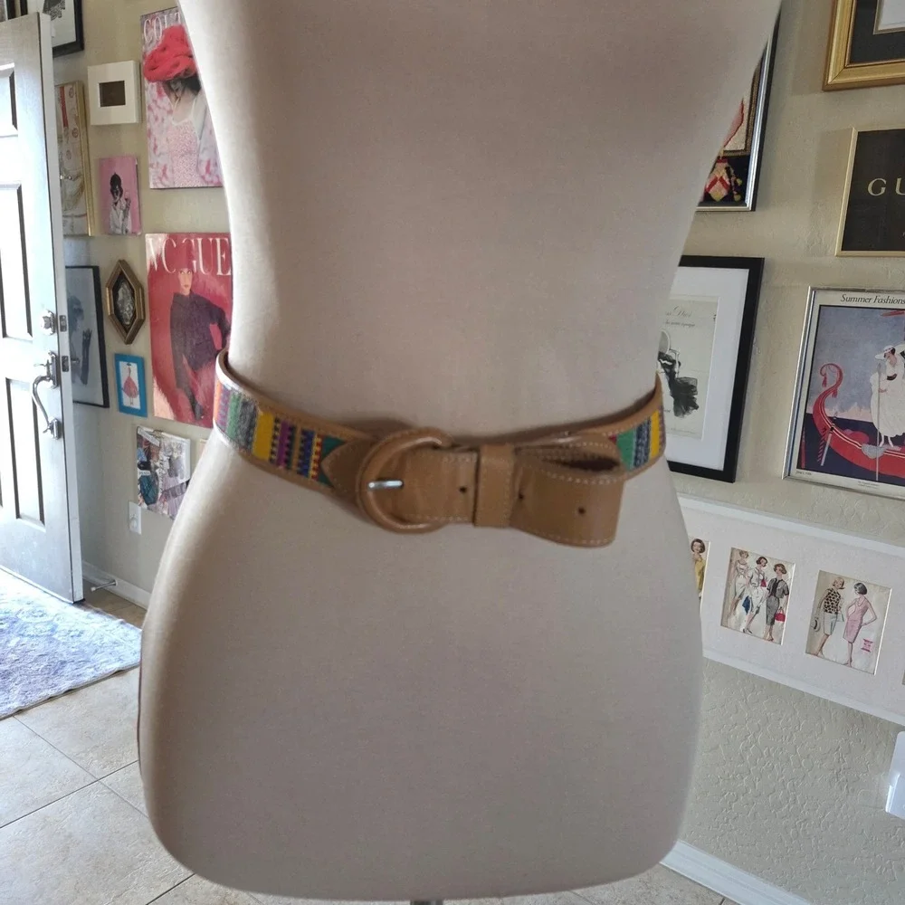 Vintage Boho Tan Leather‎ Woven Multi Color Belt Crafted in Guatemala Medium
